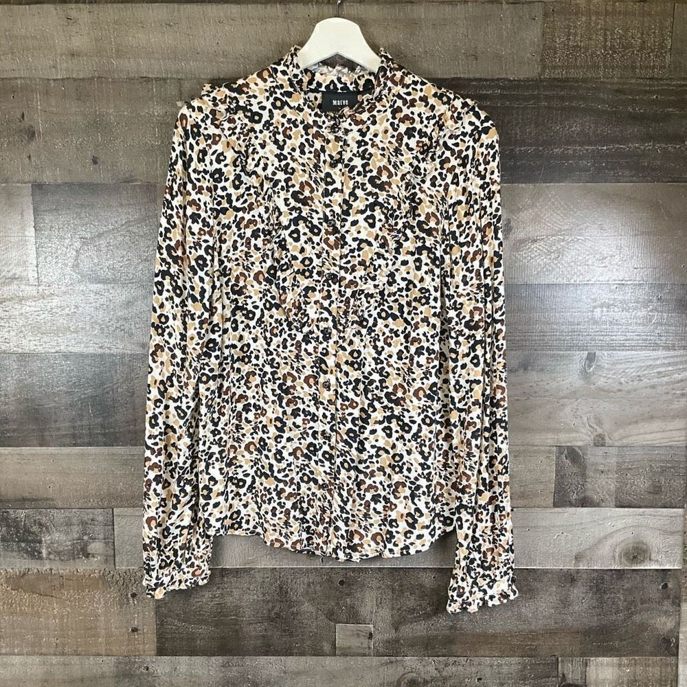 Maeve Anthropologie Women’s Size 10 Button Up Blouse Tan Leopard Print Ruffle